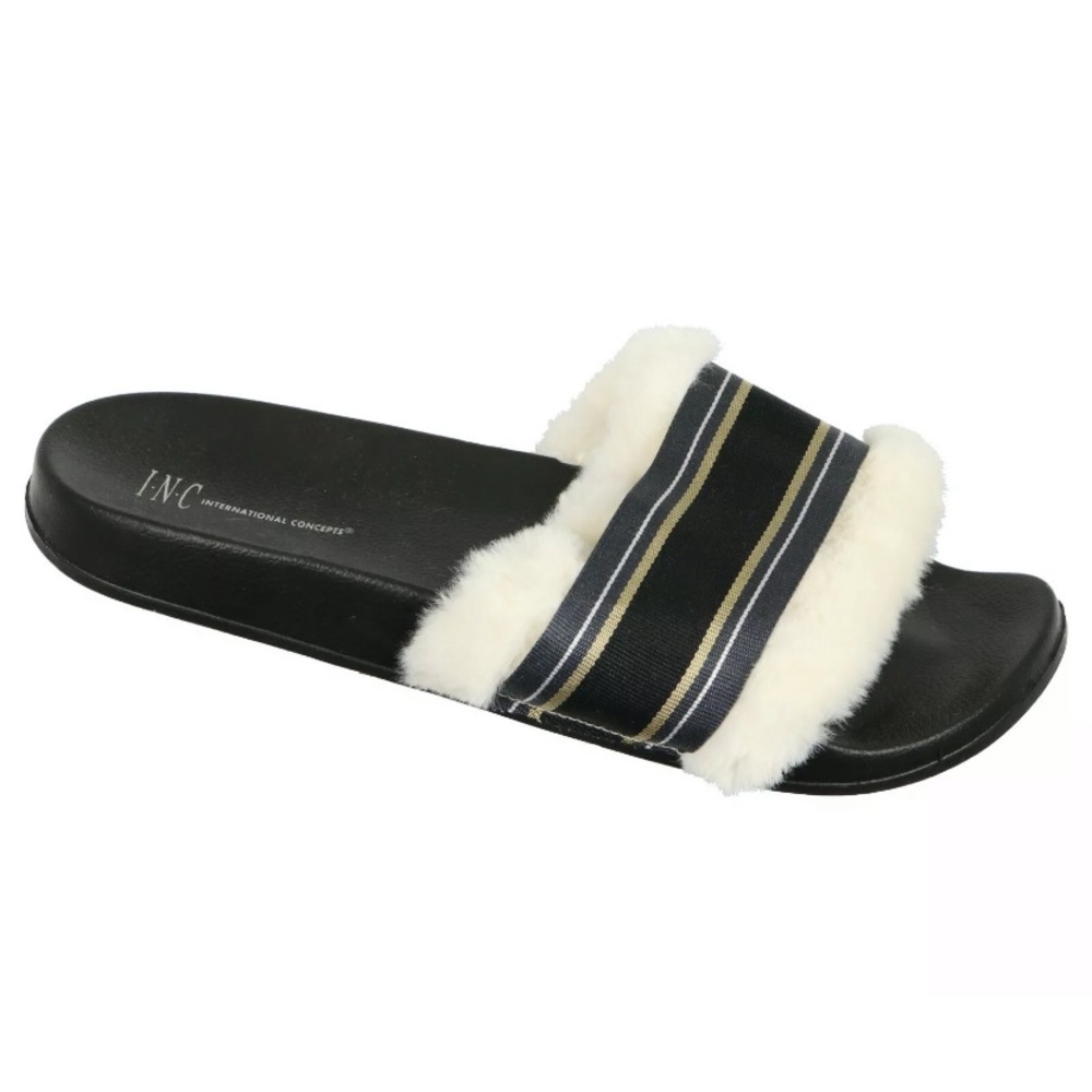 INC Women’s Faux Fur Varsity Slide Slippers Black